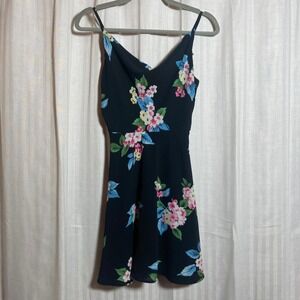 Black Floral V-Neck Mini Dress Adjustable Spaghetti Strap Lined Summer Sun Dress